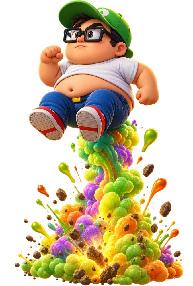 Bob flying on a rainbow-coloured fart trail