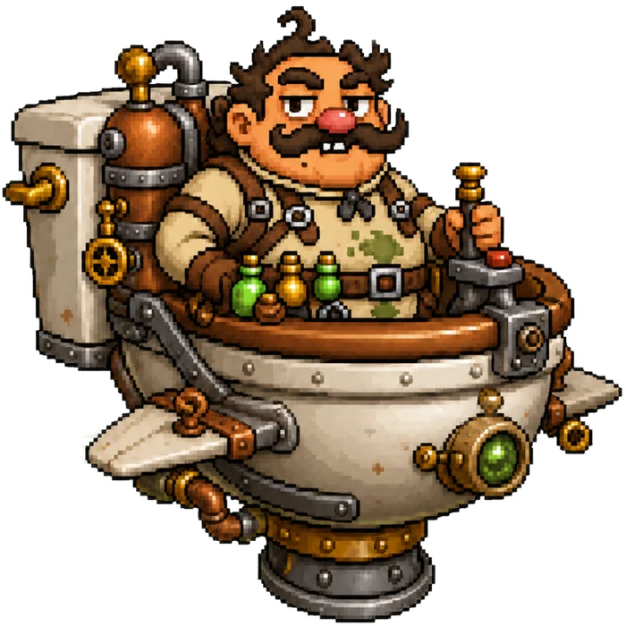 Shitty Gary: a moustachioed man sitting in a flying, steam-powered toilet