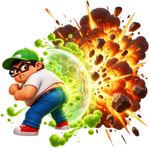 Butt Shield: an explosion bouncing off a glowing shield behind Bob