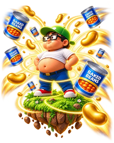 Bean Attraction: tins and golden beans flying towards Bob