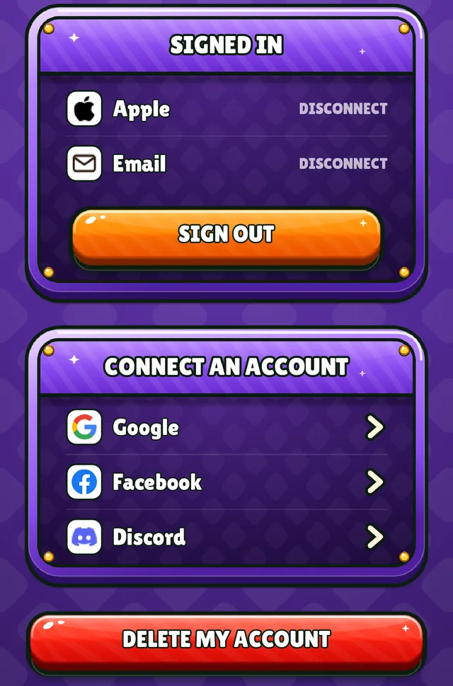 The bottom of the account page: the Signed in card with the orange Sign out button, the Connect an account card, and the red Delete my account button under them