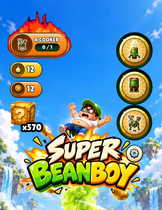 The Super Bean Boy home screen, with the settings cog to the right of the logo, below the three machine doors